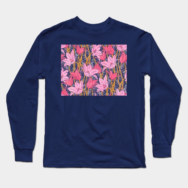 Pink Vibrant Tulips Long Sleeve T-Shirt by Carolina Díaz